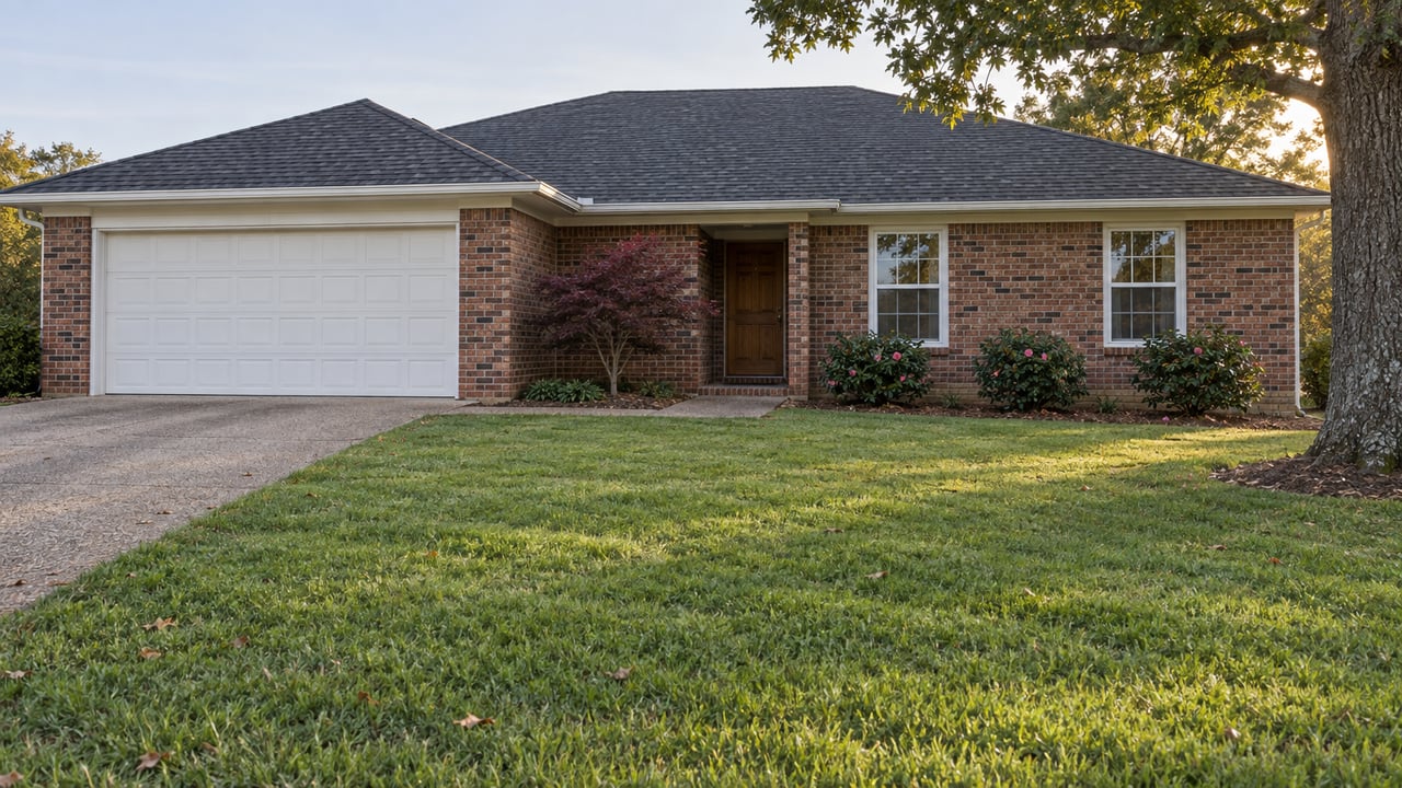 Brick single-story house with an attached garage, recessed oak entry, mature tree, and deep front lawn.