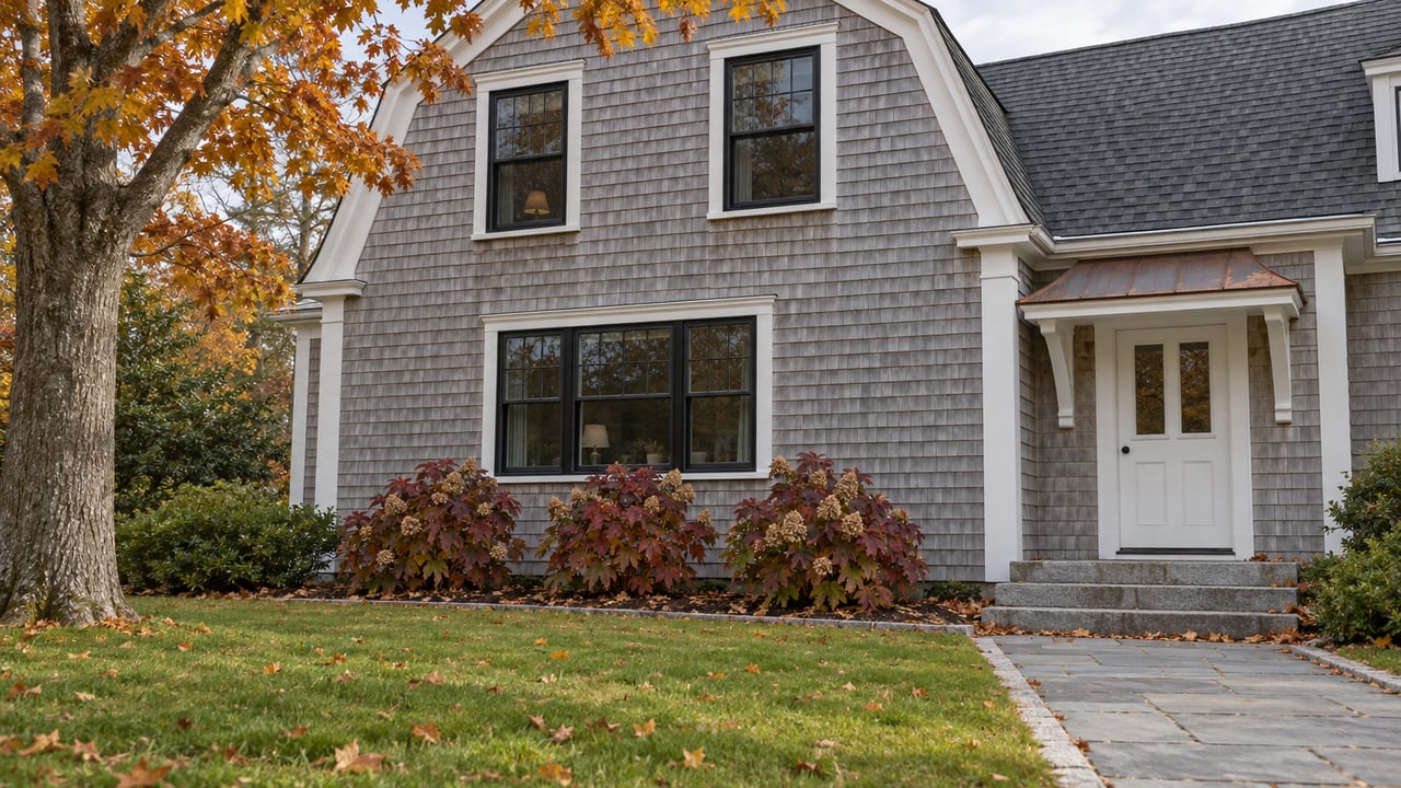 Silver-gray shingled gambrel home with white trim, dark windows, granite entry steps and a bluestone path through an autumn garden.