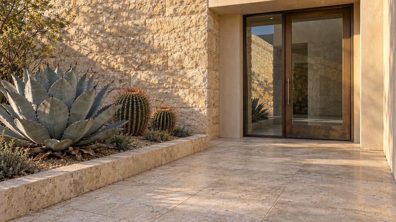 Sunlit limestone entry terrace with a bronze-framed glass door, ivory travertine paving and a blue-gray agave in a raised desert planter.