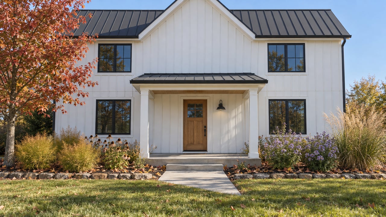 White board-and-batten home with a dark metal roof, deep front lawn, and autumn flowers and seedheads in stone-edged beds.