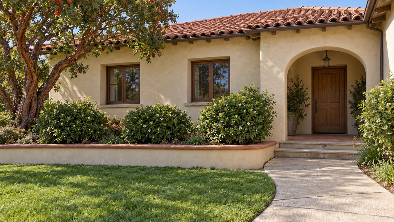 Warm stucco home with a terracotta roof, recessed oak entry and a curved garden walk beneath a mature strawberry tree.