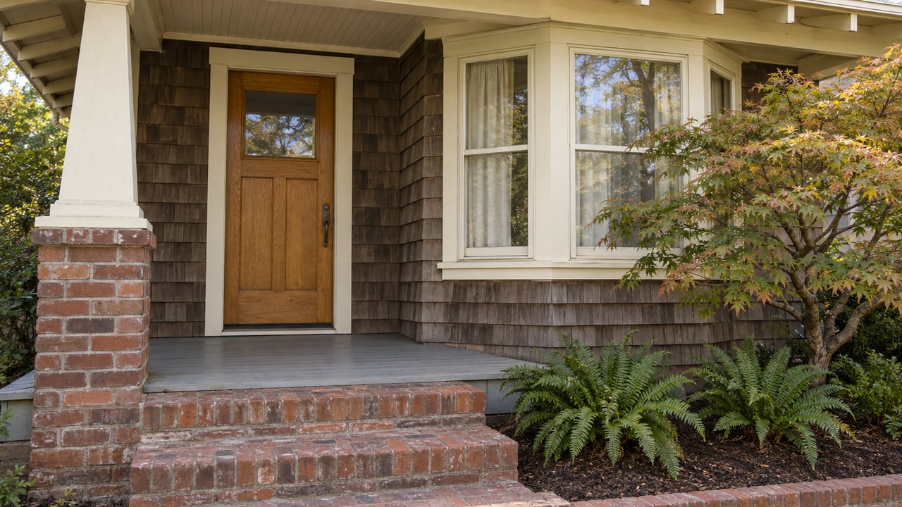 House front porch with a wooden door, brick steps, dark shingles, and leafy landscaping.
