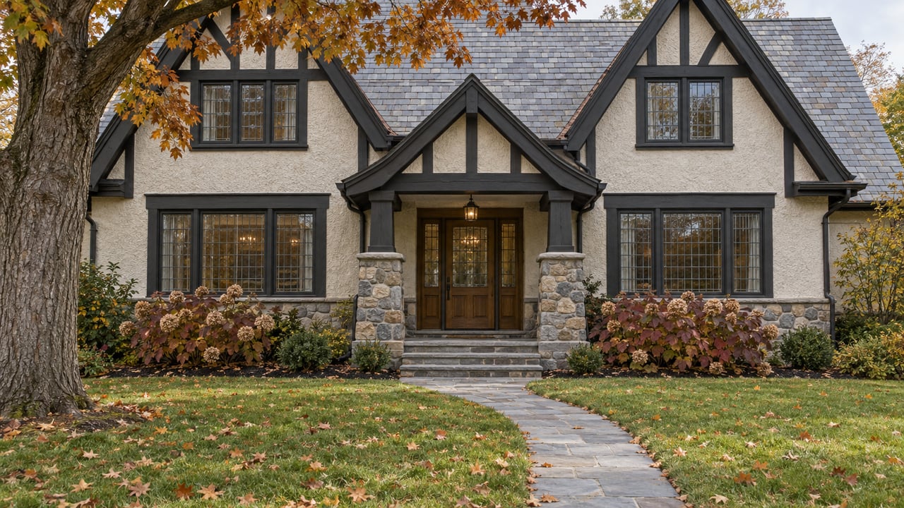 An updated timber-and-stucco home behind a deep autumn lawn, with a bluestone approach and a mature maple.