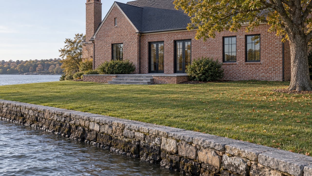 Brick waterfront house with glazed doors opening onto a bluestone terrace above a broad lawn and stone shoreline wall.