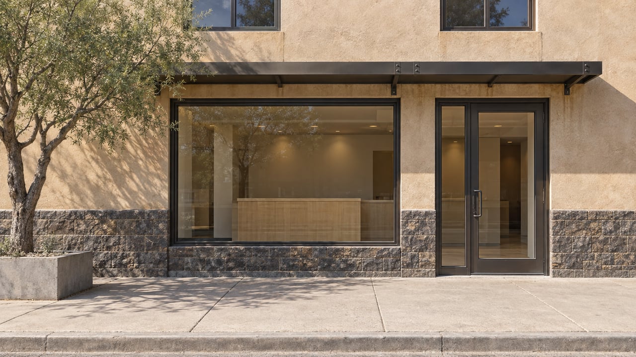 Sand-colored mixed-use storefront with bronze-framed glass doors, a shallow awning, and a gravel-filled tree planter.