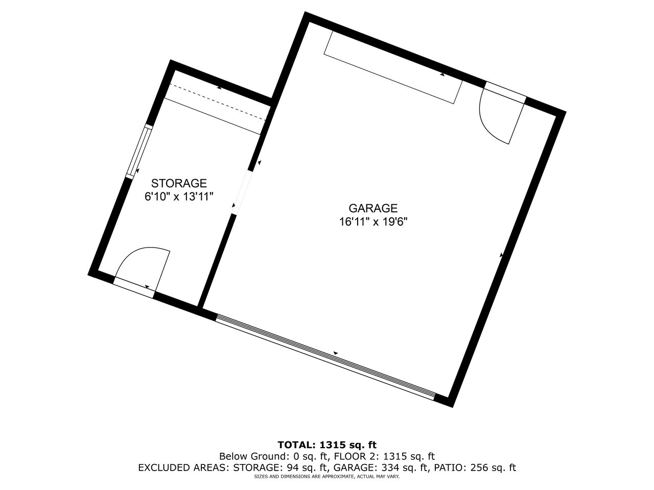 Detailed layout of detached garage and adjacent storage room with exact dimensions