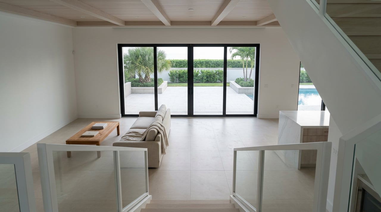 Double-height great room with a stair landing, low sofa, and glass doors facing a palm-planted terrace.