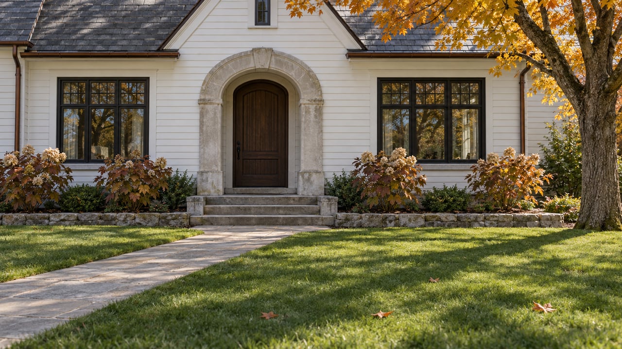 White-sided home with an arched limestone entry, dark windows, slate roof, and a stone approach across a deep autumn lawn.