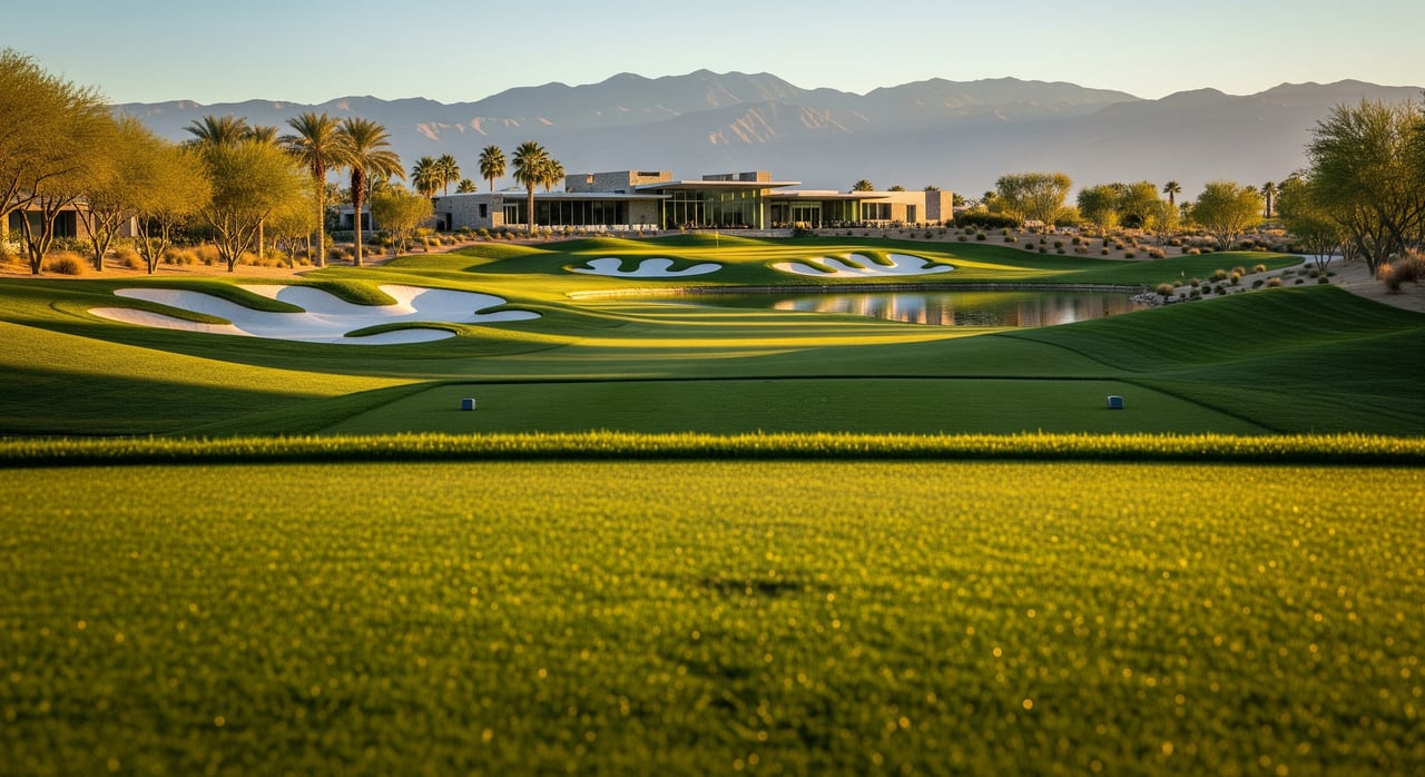 Golf course with sculpted greens and a pond, clubhouse, palm trees, and mountains beyond.