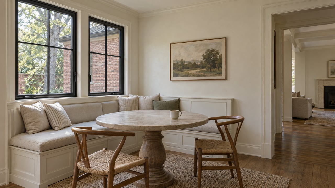Breakfast nook with a built-in banquette, round table, and black-framed windows overlooking a brick wing.