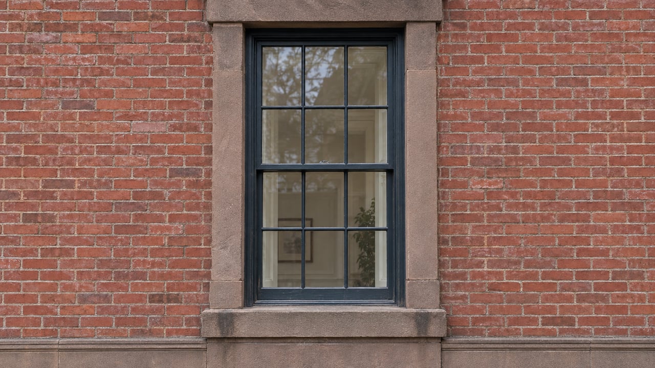 A dark six-over-six sash window framed by weathered brownstone and red brick in soft daylight.