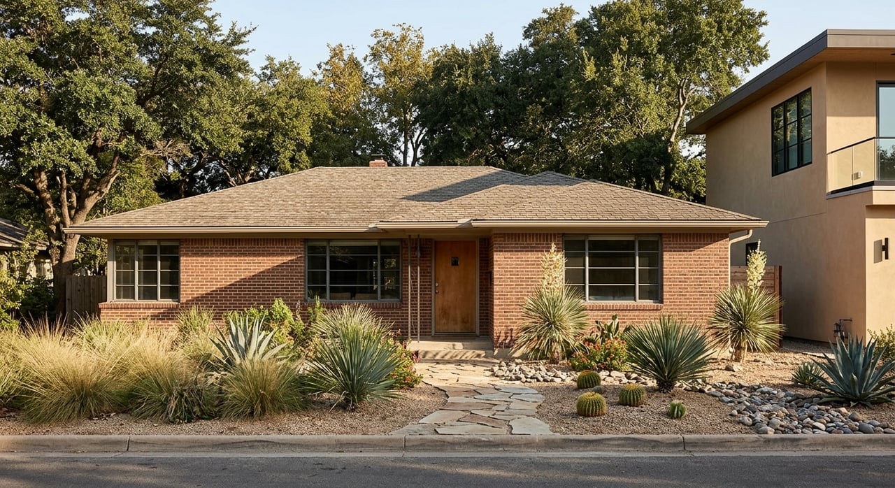 Red brick ranch house beside a stucco two-story home, with a concrete path and drought-tolerant landscaping.