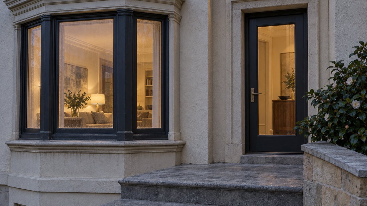 Ivory stucco home with a dark timber bay window, warmly lit glazed entry and weathered stone landing at dusk.