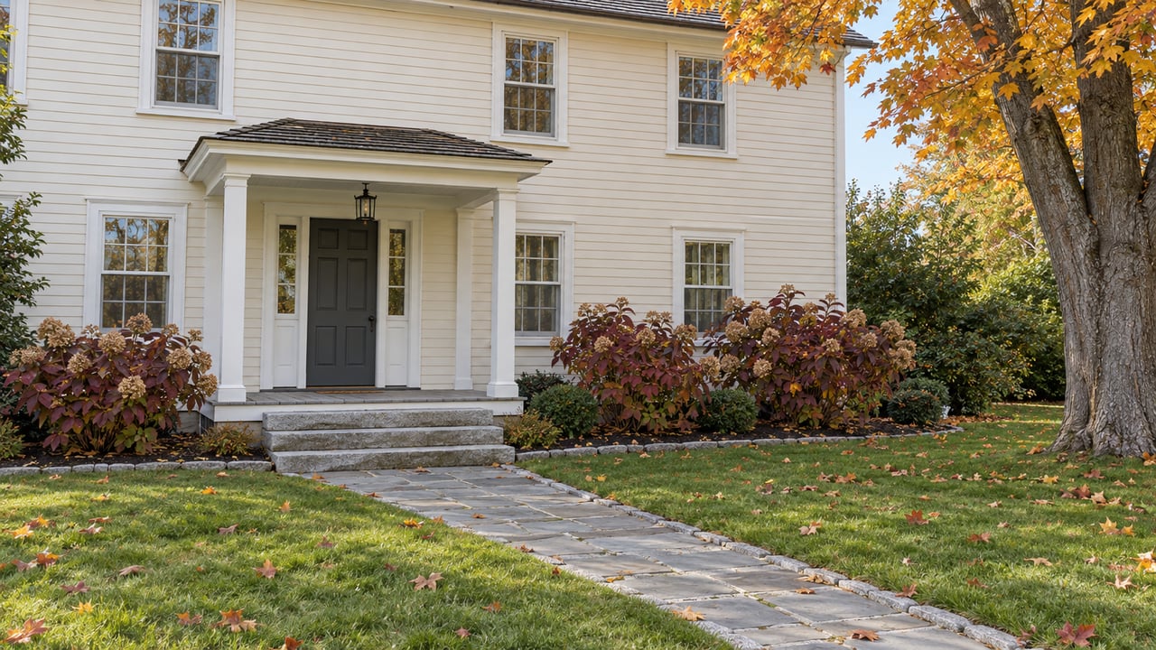 Ivory clapboard home with a granite entrance walk, weathered porch, and amber maple leaves across a deep autumn lawn.