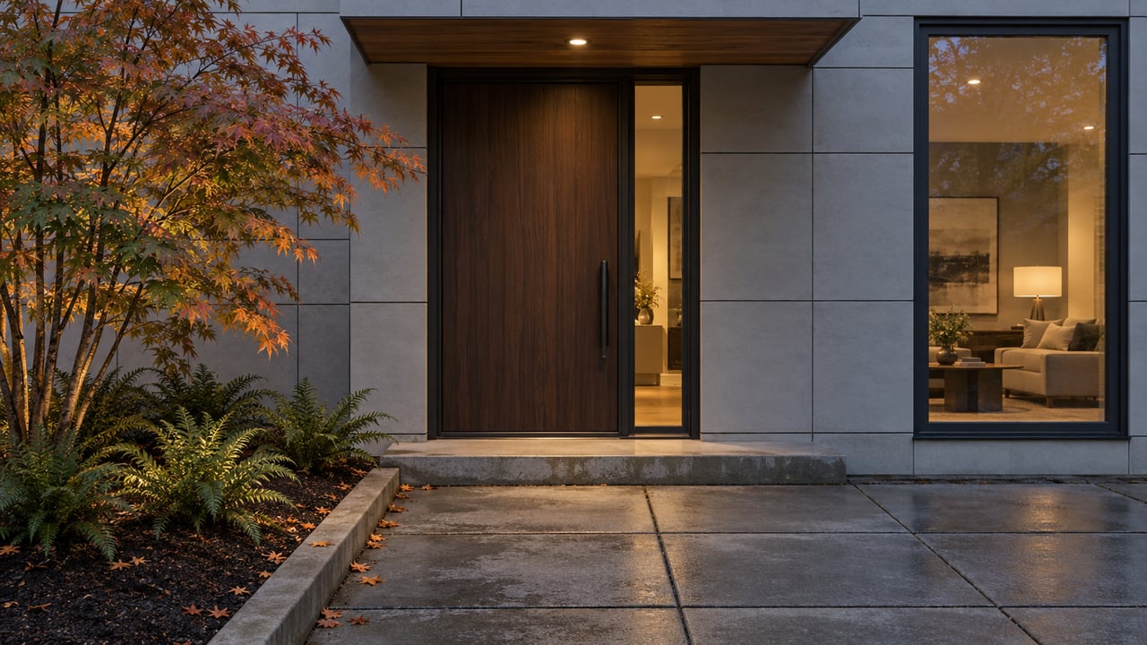 Contemporary house entry with a dark wood door, warm-lit canopy, gray siding, and coppering leaves.