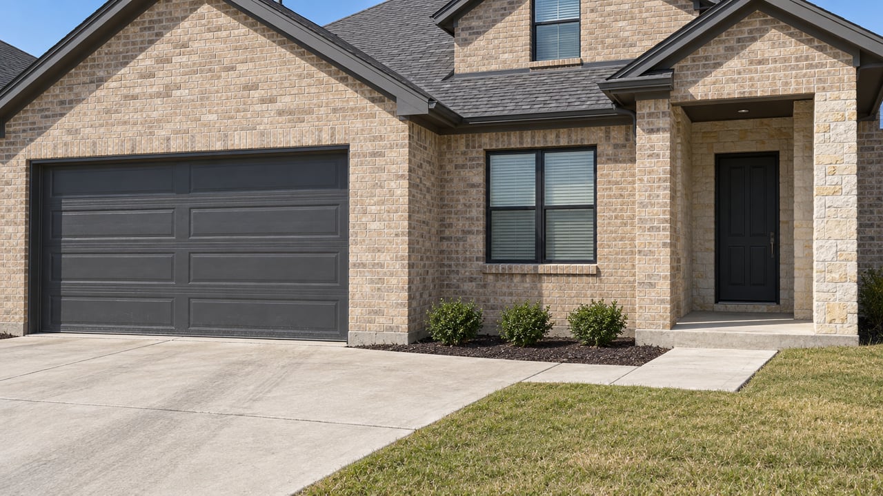 Buff brick suburban home with charcoal garage door, limestone-trimmed recessed entry, concrete driveway and a small autumn lawn corner.