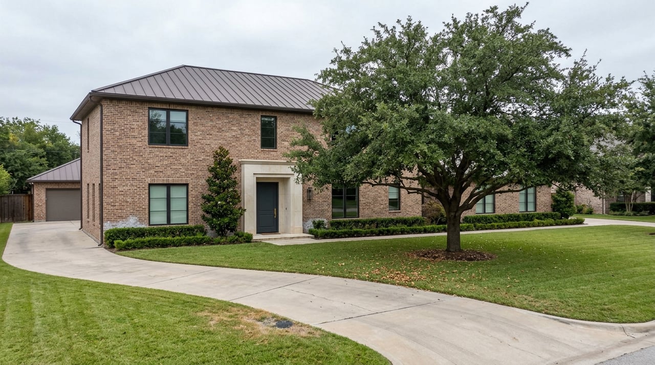 Two-story brick home with a cream limestone entry, curved driveway, broad lawn, and spreading oak tree.