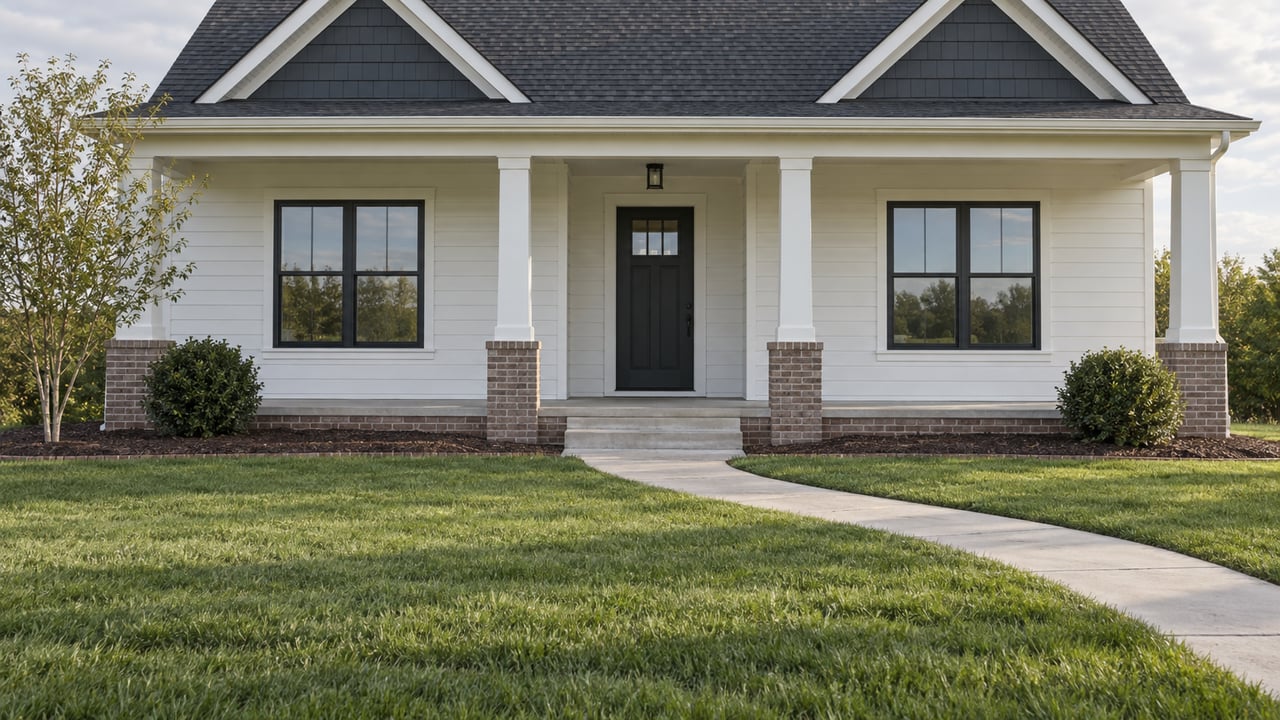 White-sided house with a columned porch, curved concrete walk, and broad front lawn.