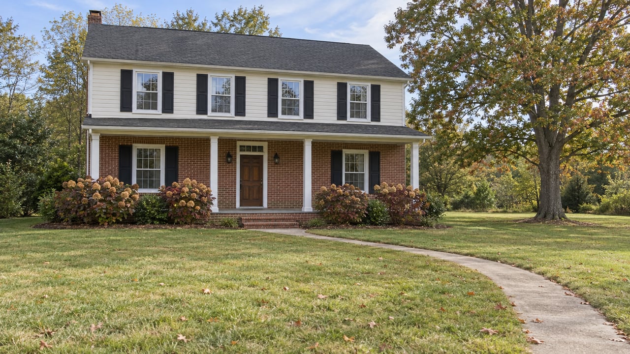 A modest brick-and-siding two-story home with a covered porch, broad front lawn and mature white oak in early autumn.