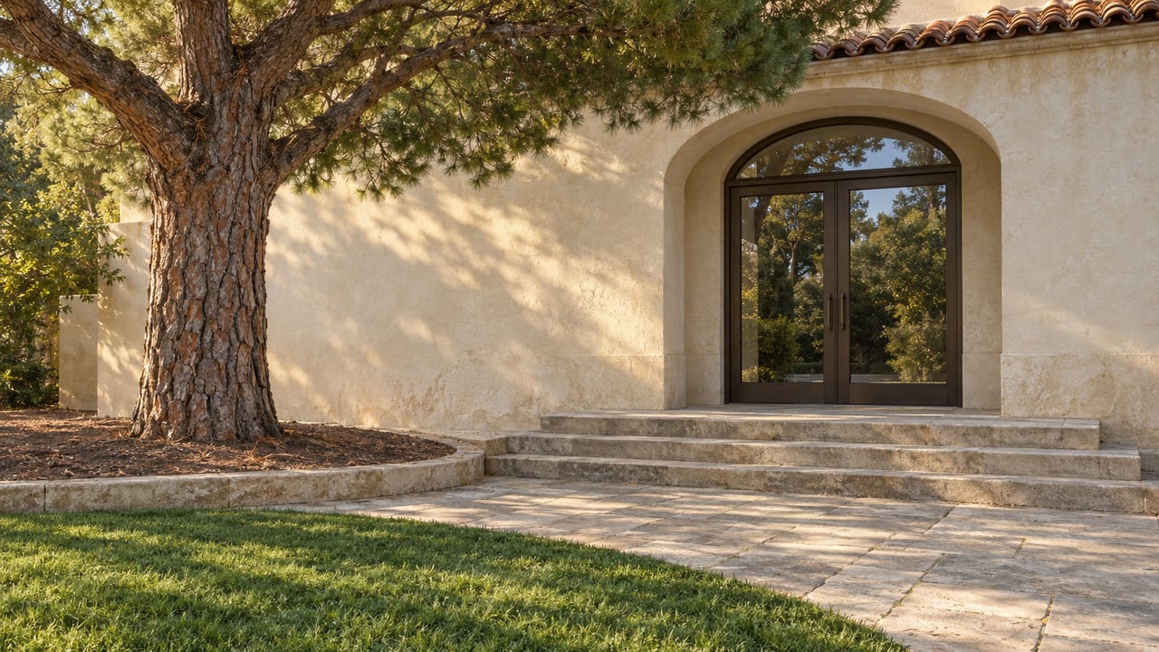 Cream stucco home with arched bronze-framed glass doors, limestone steps and a mature stone pine beside a clipped lawn.