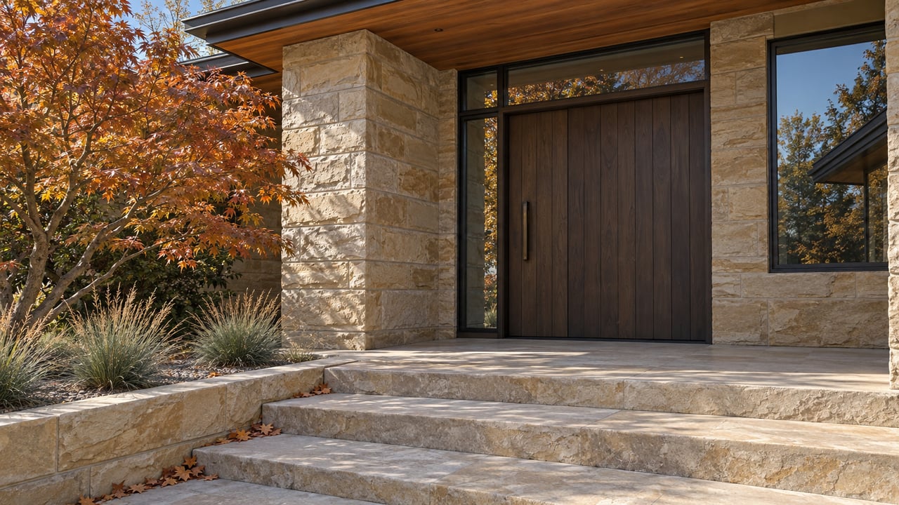 Recessed wood-and-glass home entrance beneath a timber soffit, with buff sandstone steps and a copper-leaved maple.
