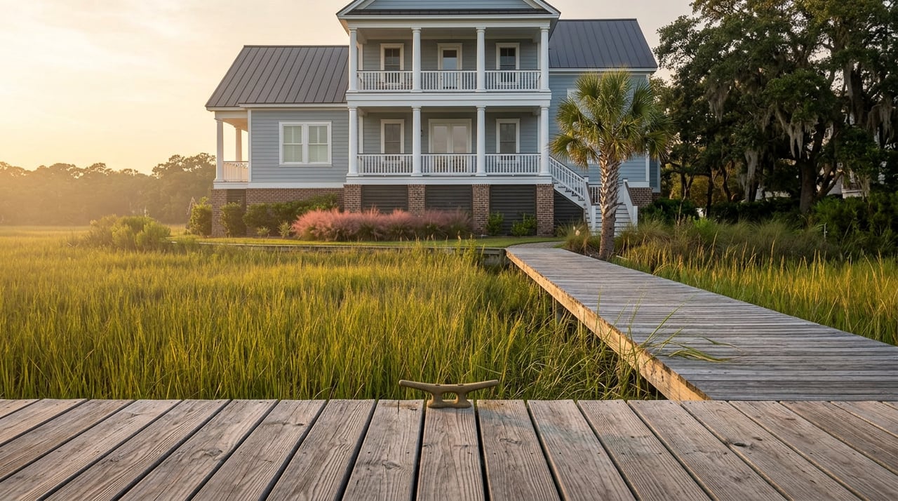 Weathered wooden dock crosses golden-green marsh grass toward a blue-gray coastal home with stacked white porches.