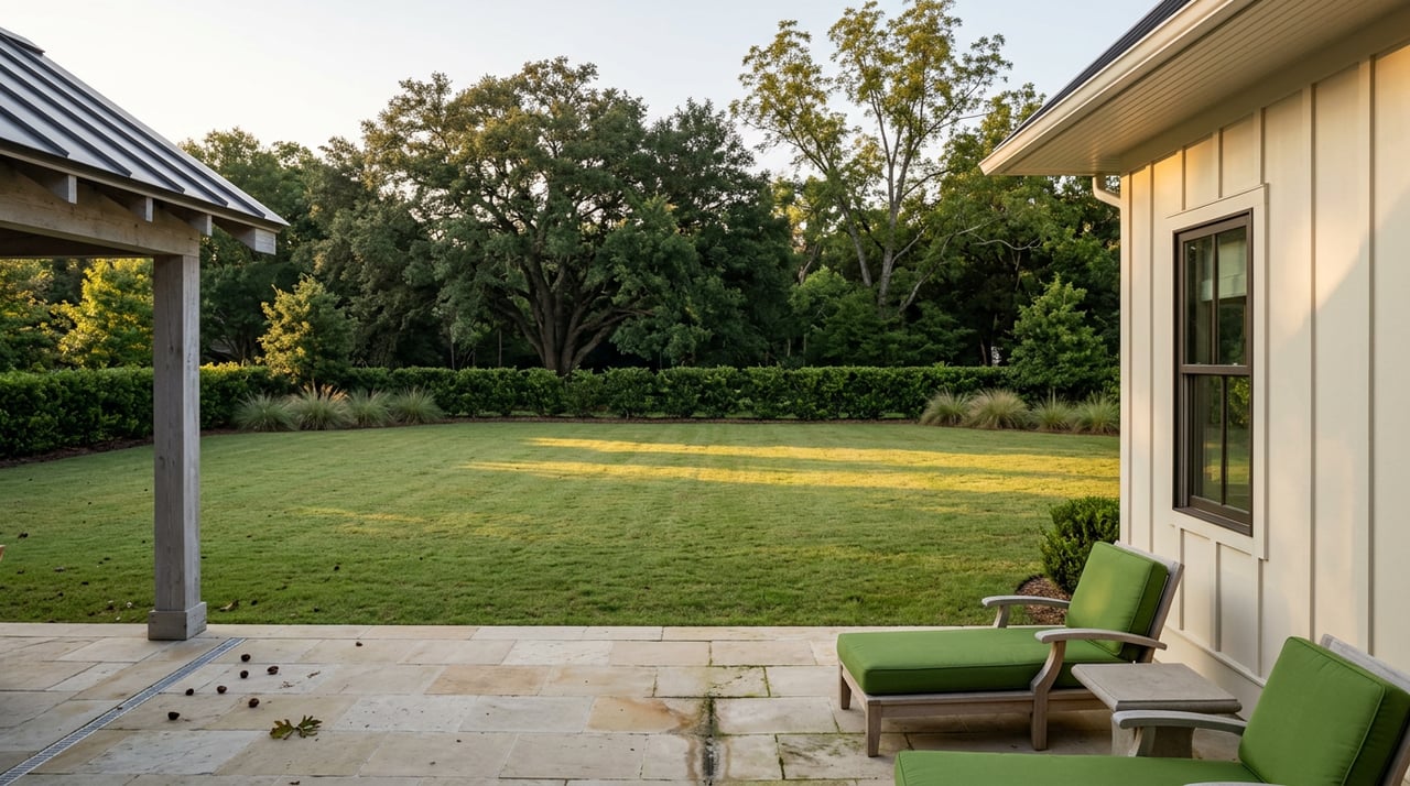 Flagstone patio with teak chairs and green cushions overlooks a broad lawn, clipped hedge, and mature trees.