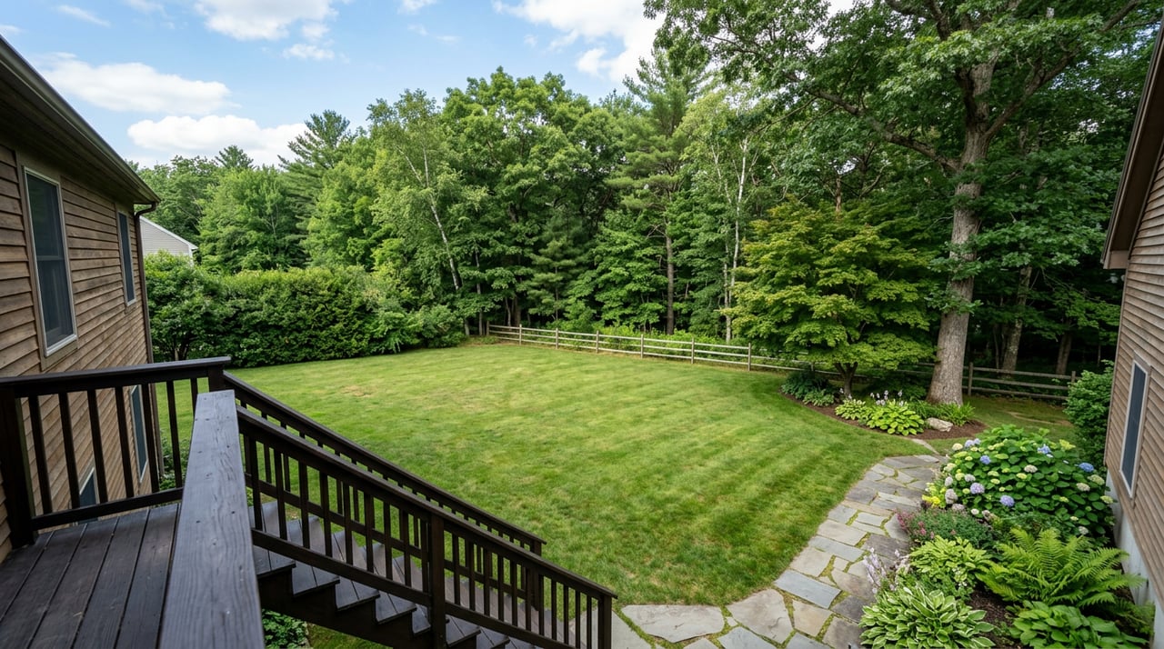 Modern home overlooking a private lawn with scattered autumn leaves and a wooded property edge.
