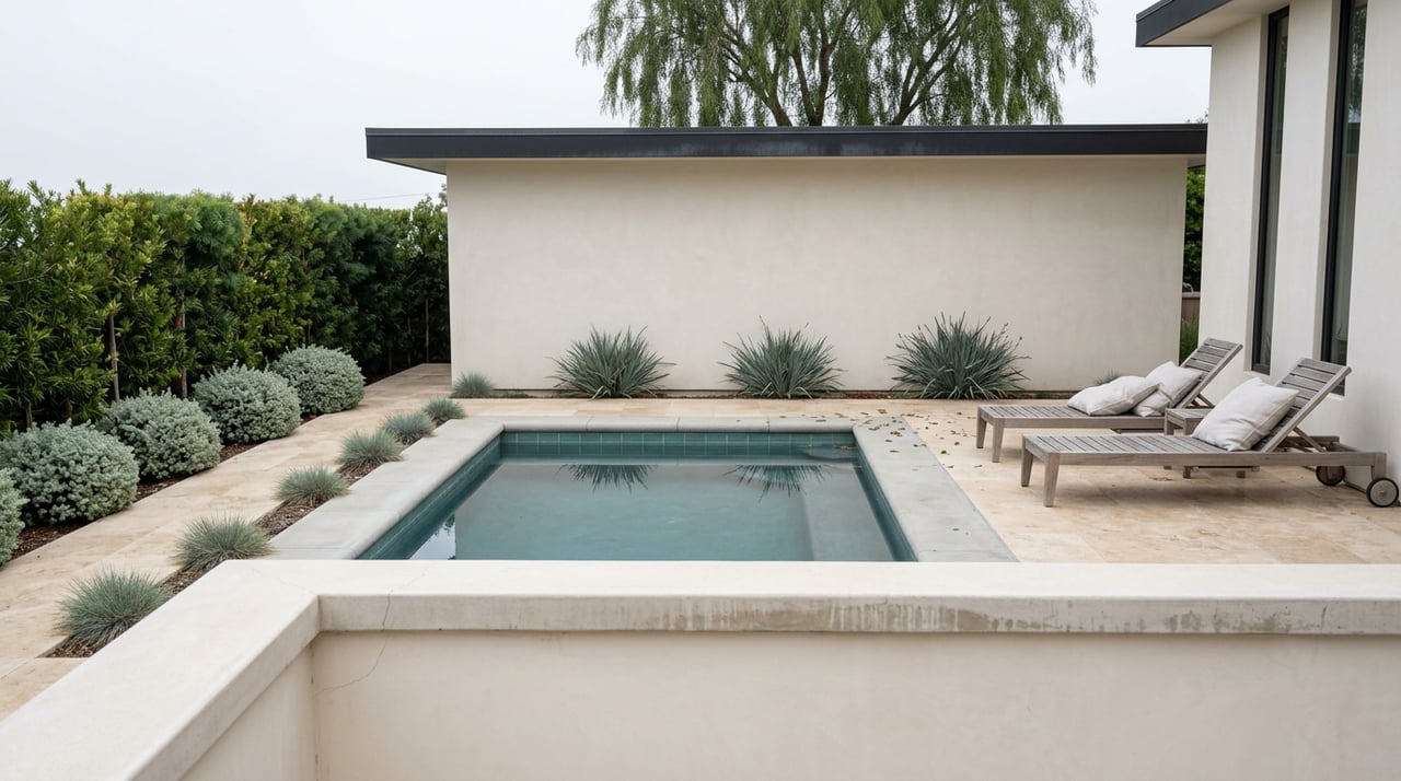 A rectangular plunge pool on a travertine terrace, with teak loungers and a weeping tree above the cabana roof.