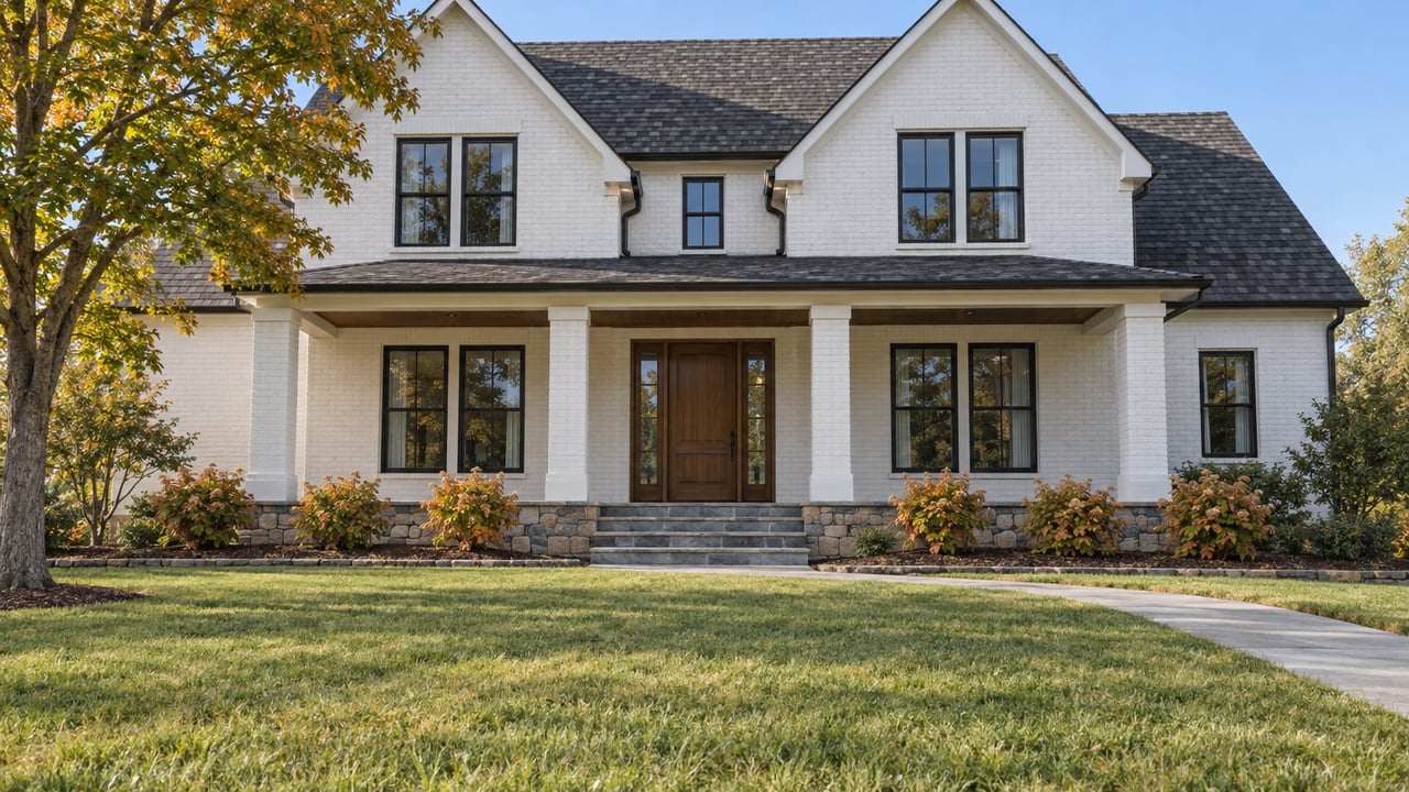 White-painted brick home with steep gray gables, a stone-based porch and a deep lawn beneath an early-autumn maple.