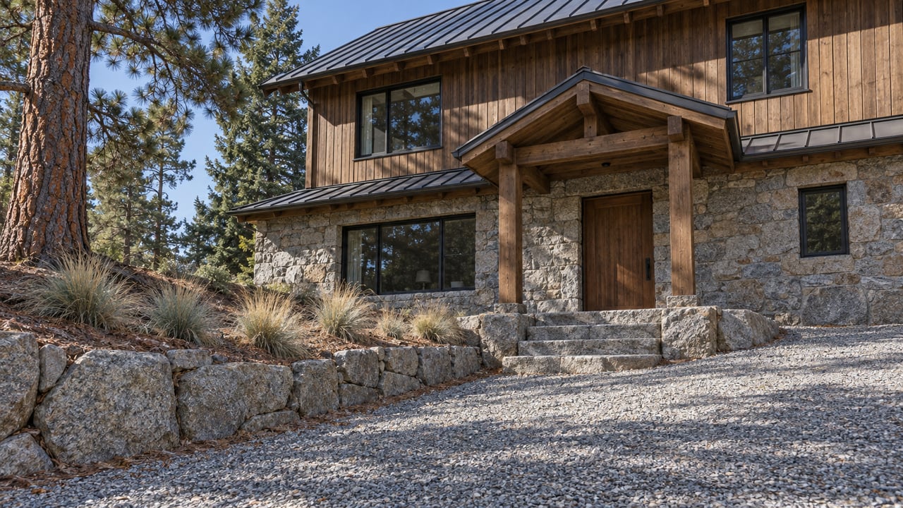 Cedar-and-granite home above a sloping gravel approach, with dark framed windows and two mature conifers in clear autumn daylight.