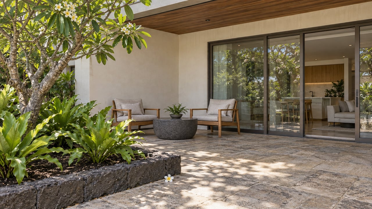 Sheltered residential lanai with teak chairs, bronze-framed glass doors, basalt paving and a flowering plumeria beside a raised lava-stone garden bed.