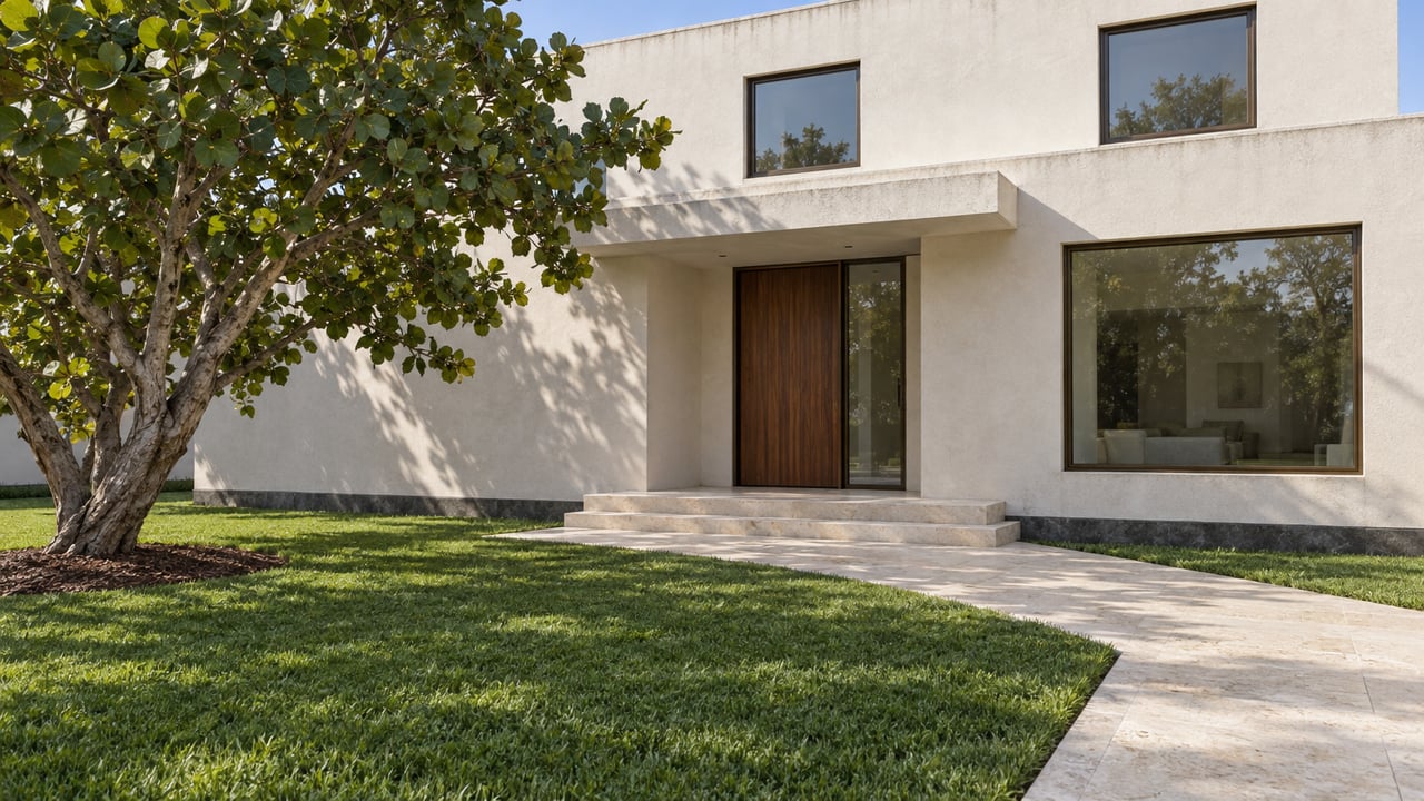 Warm-white flat-roof home with bronze-framed windows, a recessed walnut entry, limestone steps, deep lawn and one mature sea-grape tree.