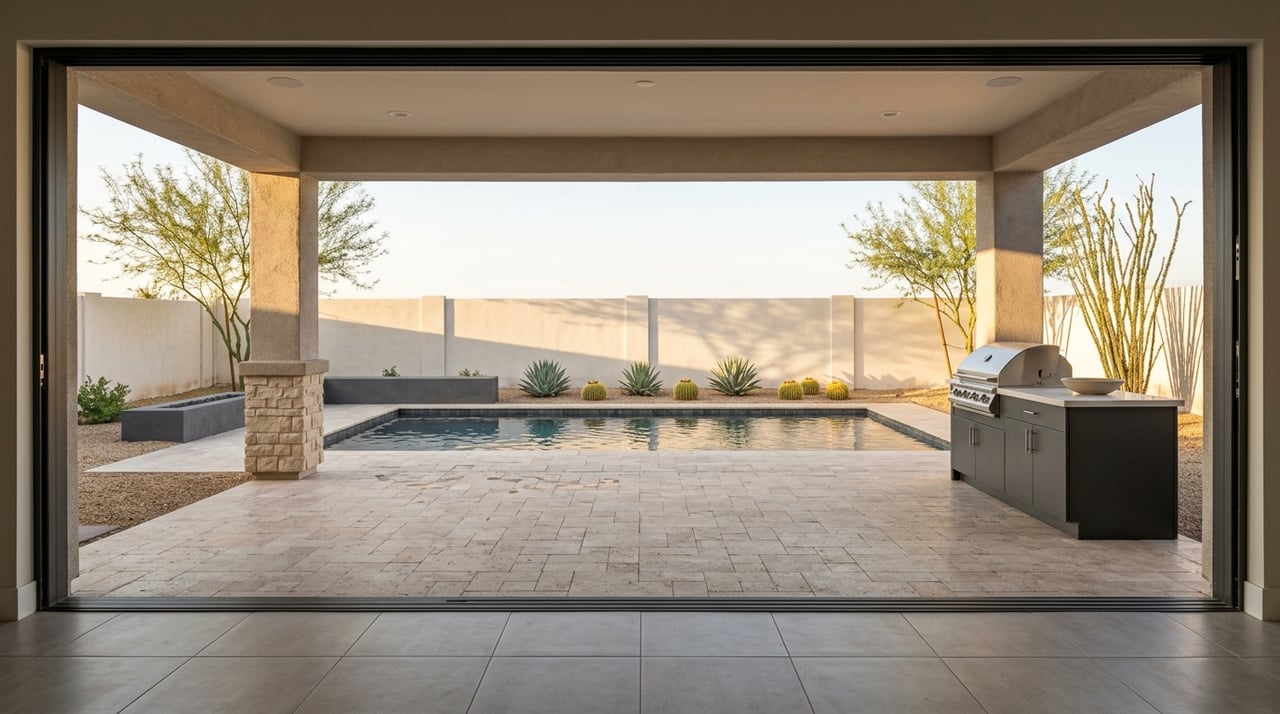Great room opens onto a covered patio and pool, framed by desert-style architecture and planting.
