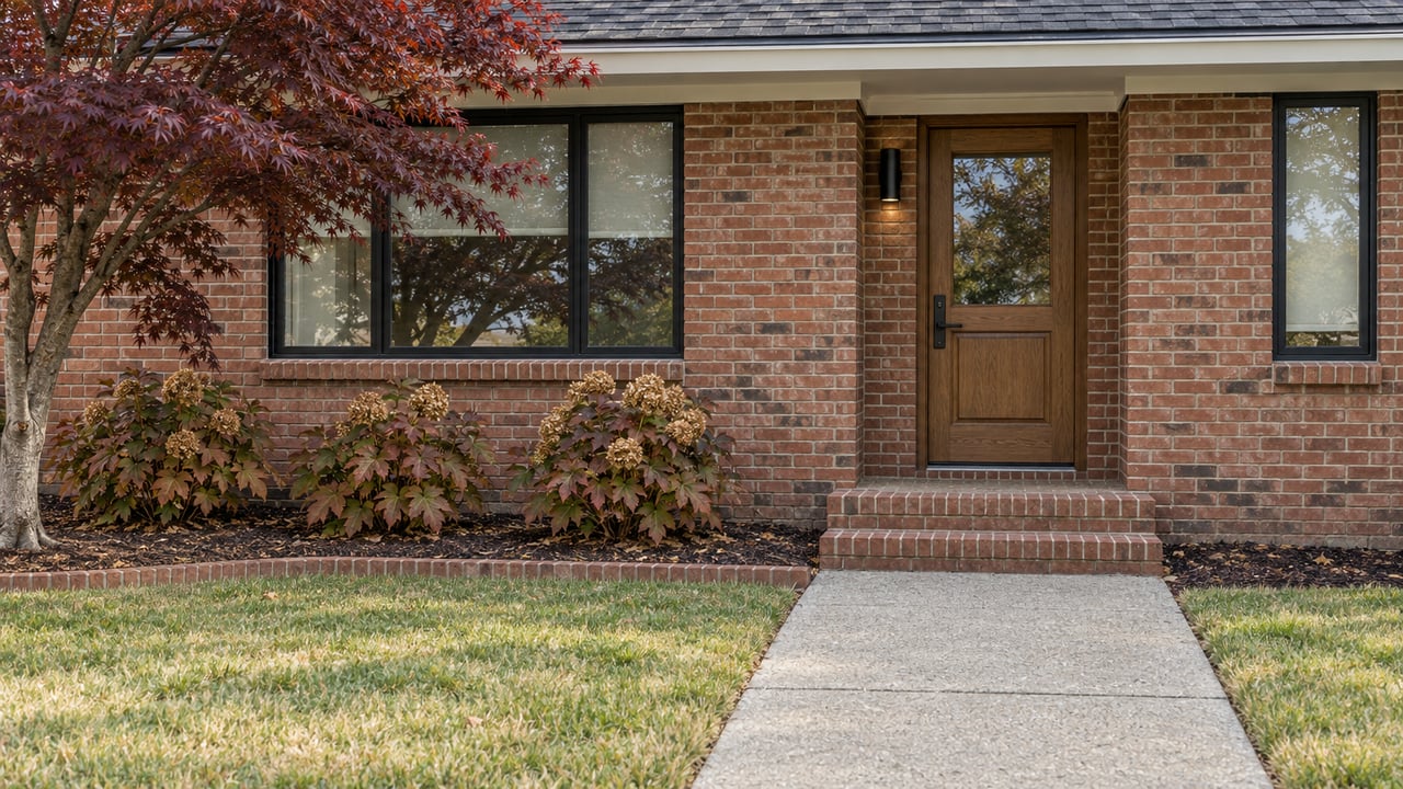 Renovated brick home with an oak entry door, black-framed windows, brick steps, and autumn planting beside a concrete walk.