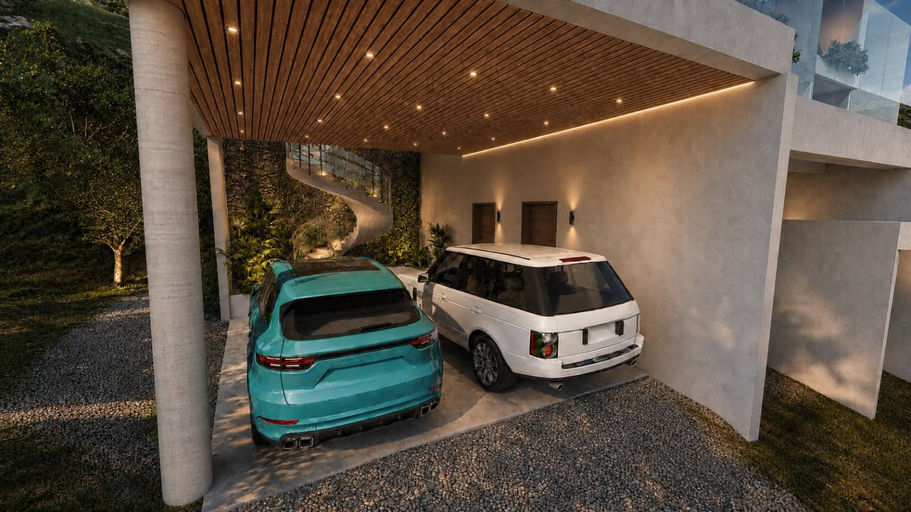 Modern home’s covered driveway with two cars, a wood-slat ceiling, and a curved staircase.
