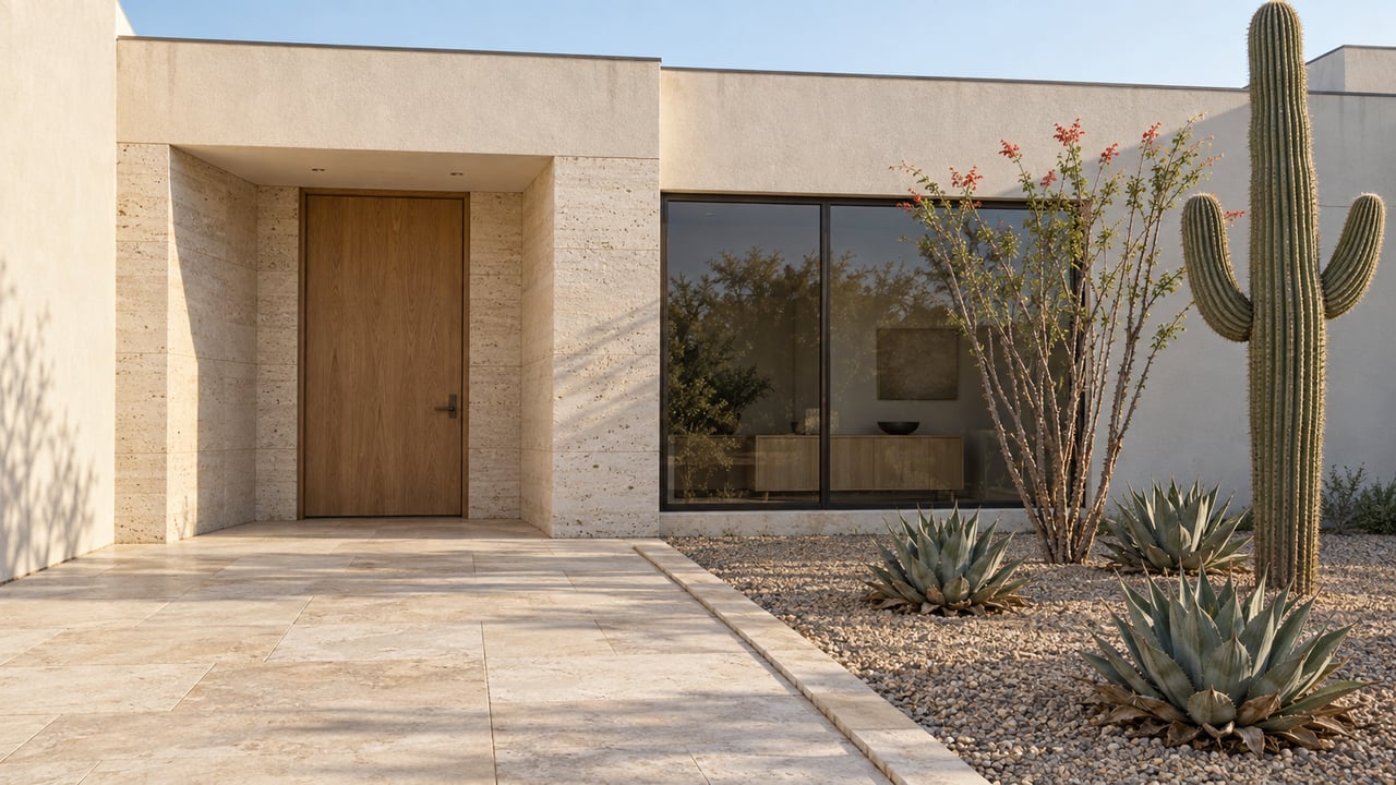 Warm white single-story home with a recessed oak entry, limestone paving and sculptural desert plants in an edged gravel bed.