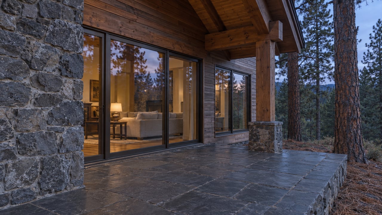 Timber-covered terrace beside a cedar and volcanic-stone home, with warm light behind closed glass and mature pines at twilight.