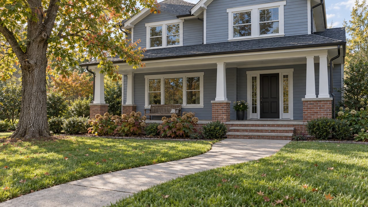 Blue-gray gabled home with a covered front porch, curving concrete walk, deep lawn and mature oak in early autumn light.
