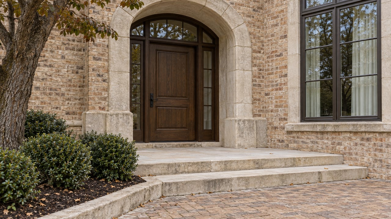 Brick and limestone home entry with an arched oak doorway, broad stone steps, and a neatly bounded planting bed.