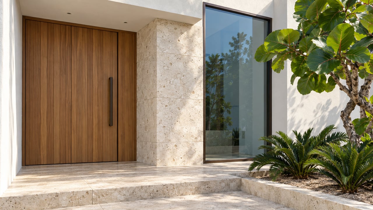 Sunlit limestone and teak entry beneath a white canopy, with blue-tinted glass and sculptural sea grape planting.
