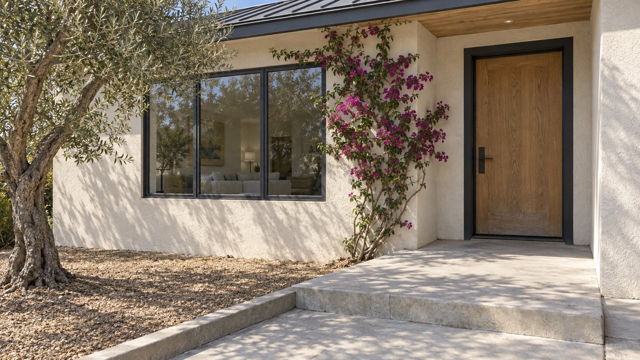 Cream-stucco home with a recessed oak entry, broad window, pale concrete approach, olive tree and flowering bougainvillea.