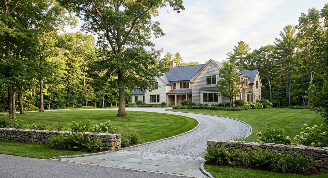 Gravel driveway curves past a low fieldstone wall toward a shingle-and-clapboard home screened by mature trees.