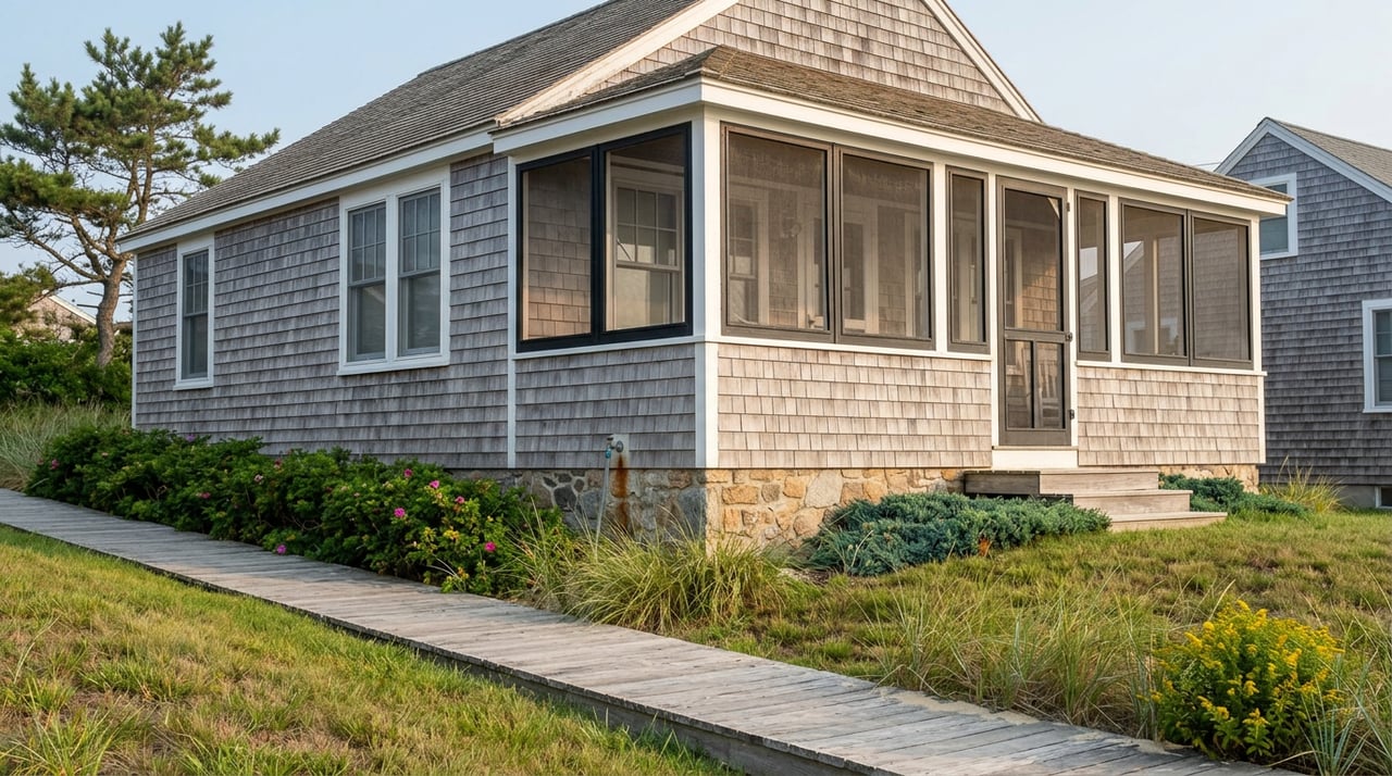 Shingled cottage porch above a sandy boardwalk, bordered by beach roses and dune grass.