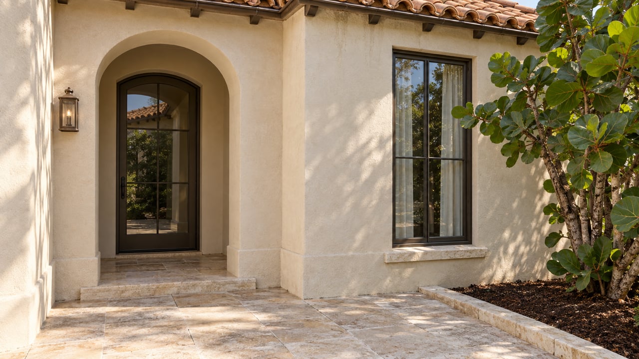 Cream stucco home with an arched bronze-and-glass entry, tall curtained window, and limestone path.