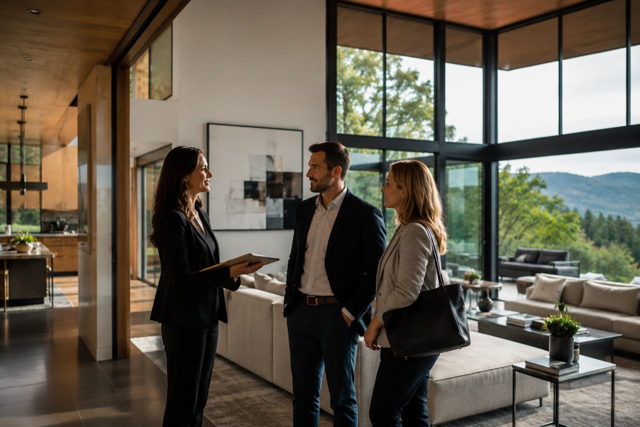 Luxury home buyers touring an exclusive modern residence through Compass Private Exclusives in Nashville, Tennessee, showcasing high-end architecture, private access to luxury real estate, and premium homes before public market listing.