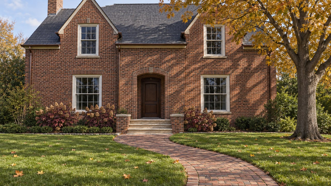 A red-brick home with white sash windows and limestone entrance steps beyond a deep autumn lawn and curved brick walk.