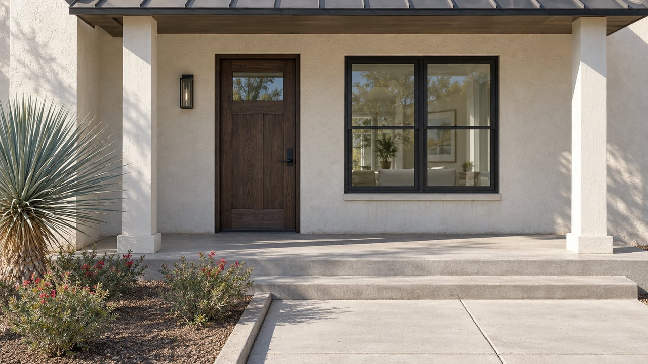Ivory stucco home entry with a dark oak door, black-framed window, concrete porch steps and sculptural yucca planting in clear midday light.