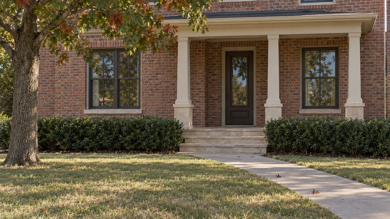 Brick home with recessed entry, limestone steps, a deep lawn, and a tree with scattered copper-red leaves.