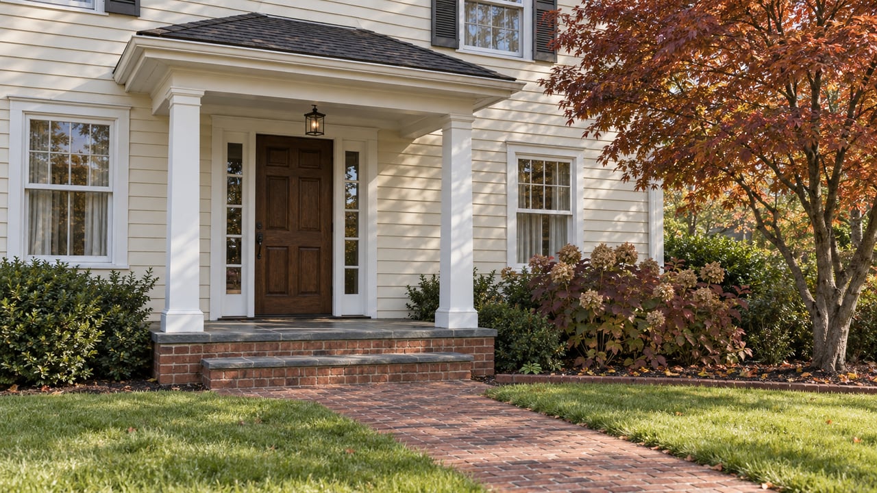 White clapboard home entrance with a covered porch, dark wood door, brick steps, and autumn foliage.